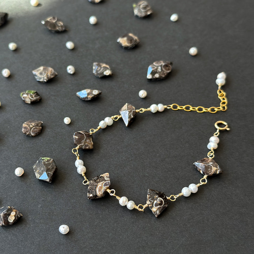 14kgf*ツリテラアゲートと淡水パールのブレスレット／天然石  