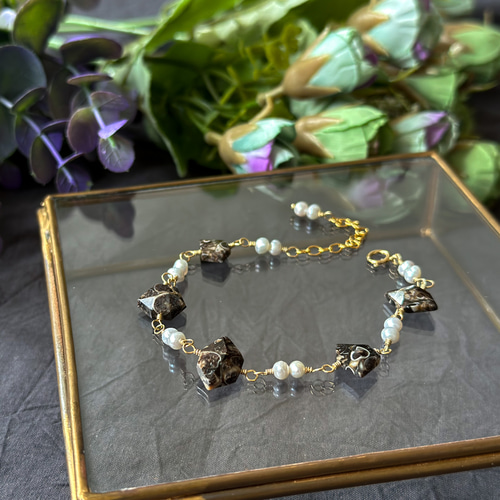 14kgf*ツリテラアゲートと淡水パールのブレスレット／天然石  