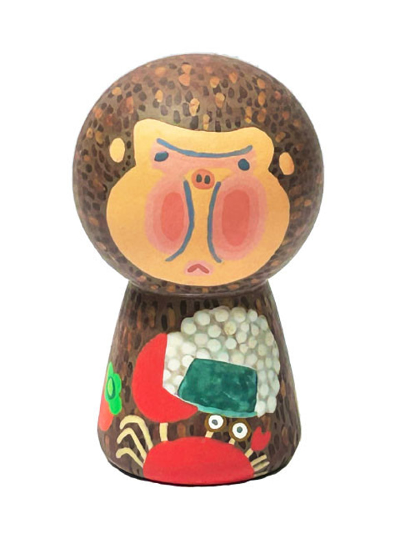 昔話　猿かに合戦【木箱と額入りイラスト付】小こけし。誕生日・記念日・プチギフトに。伝統工芸のかわいい木製人形 1枚目の画像