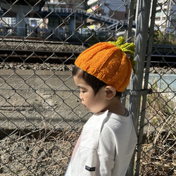 【小さめ新生児~キッズサイズまで】かぼちゃのニット帽 ハロウィン ジャックオランタン お野菜ニット帽 帽子 5枚目の画像