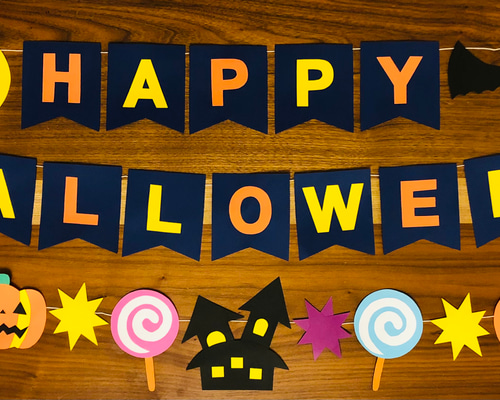 壁面飾り 秋 ハロウィン文字入りガーランド おばけver. 生地 Saki's