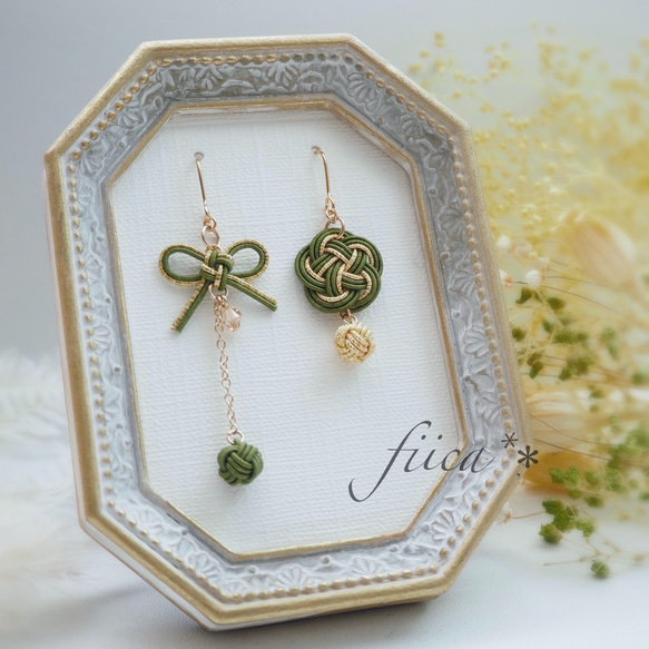 【話題:水中OK色あせ無:左右セット】AVARIA Leaf ピアス 水引のアシンメトリーピアス*願いが叶う叶結びと縁起の良い梅