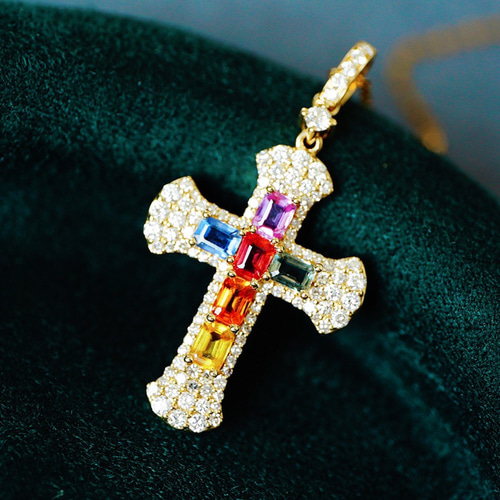 k18 天然ダイヤモンド付き マルチカラーサファイア十字架ペンダント 