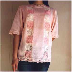 かぎ針編モチーフとボーダーのレーシー半袖サマーセーター 7,350円