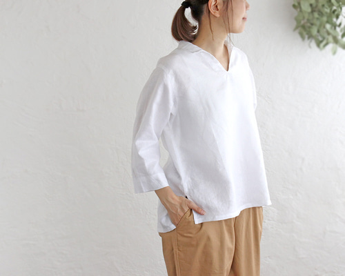 着まわし力抜群 リネン 七分袖スキッパーシャツブラウス （ホワイト  