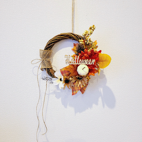 2023年ハロウィンFLOWERリース オレンジチェックリボン 玄関リース