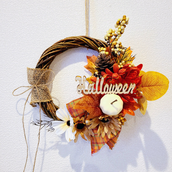 2023年ハロウィンFLOWERリース オレンジチェックリボン 玄関リース