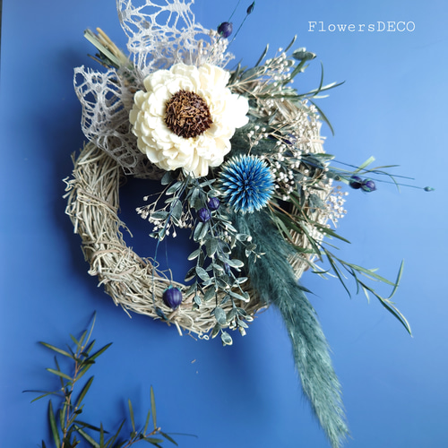 ドライフラワーリースブルー夏リースリーススワッグ