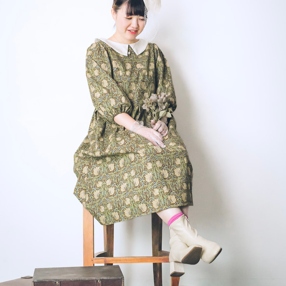 ハンドメイド moda社 モリス＊ソレイアード茶グリーンパネルワンピース