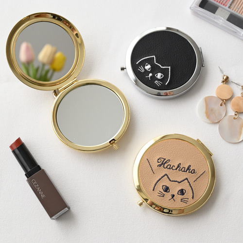 コンパクトミラー 【 刺繍 猫 名入れ 】 ねこ アニマル ペット