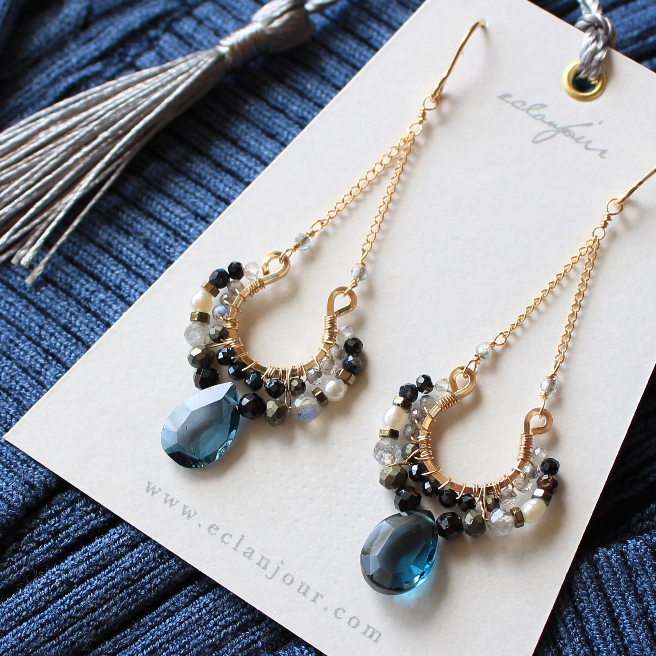 14kgf／ロンドンブルートパーズのクレセントピアス＆イヤリング【eclanjour】