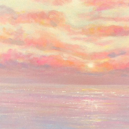 油絵 原画 オリジナル 「ピンク色の空と海5」 送料無料 絵画 Masako ...