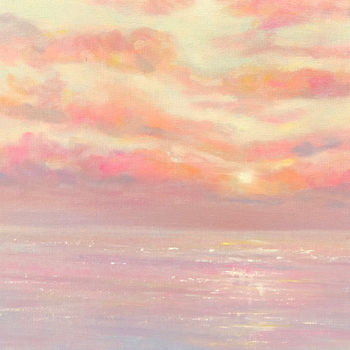 油絵 原画 オリジナル 「ピンク色の空と海5」 送料無料 絵画