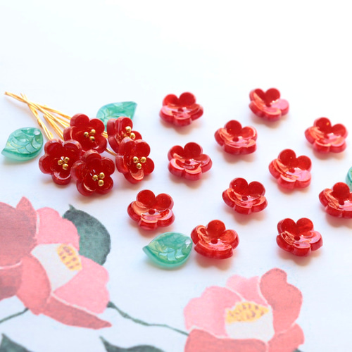 新作☆12mm椿 梅 お花のアセテートパーツ 真紅 その他素材