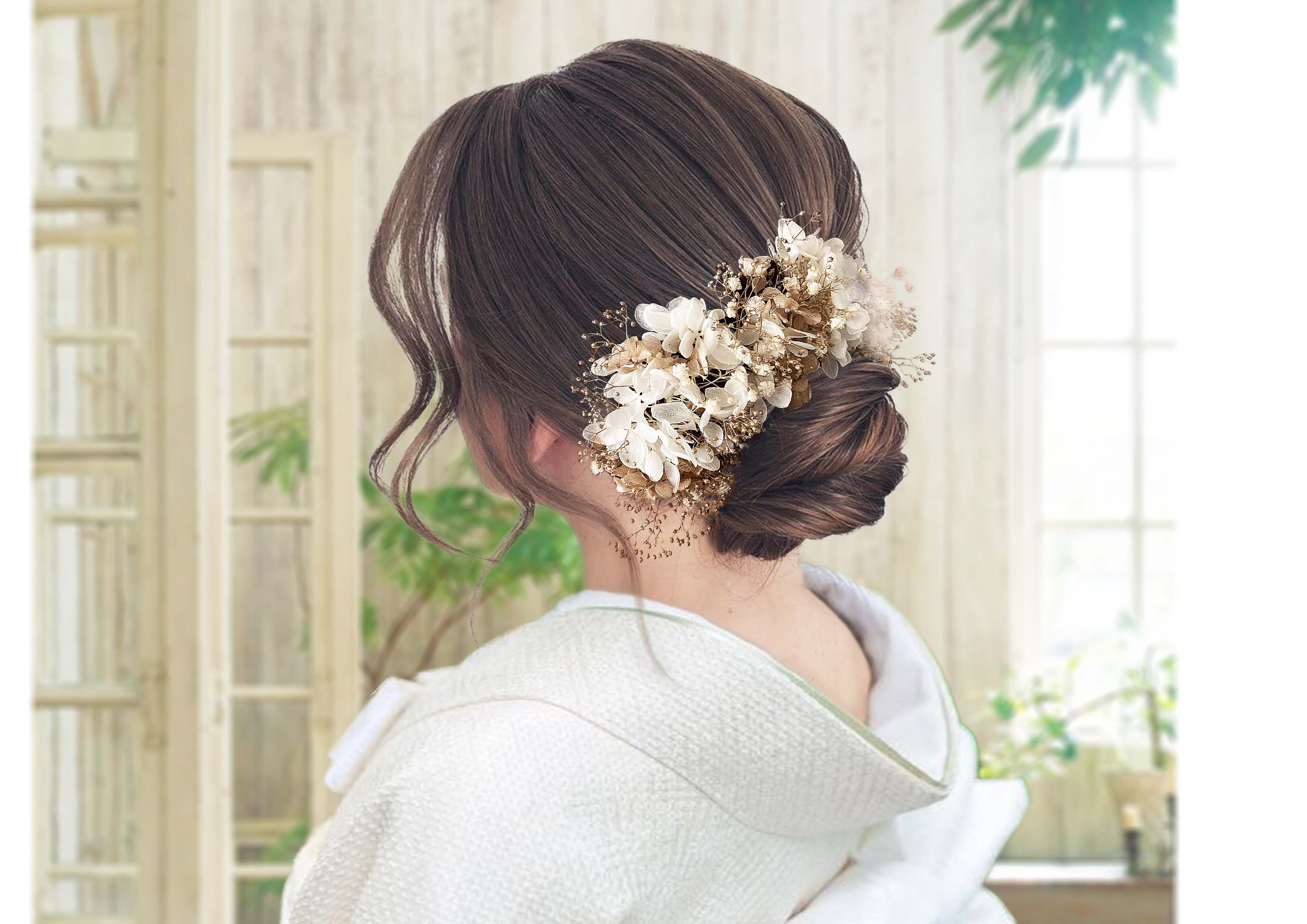 ゴールドベージュ/紫陽花＆かすみ草ヘッドピース＜数量限定＞