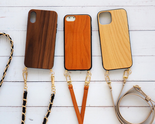 天然木ケース×選べるロングストラップ】ウッド 木目調 シンプル