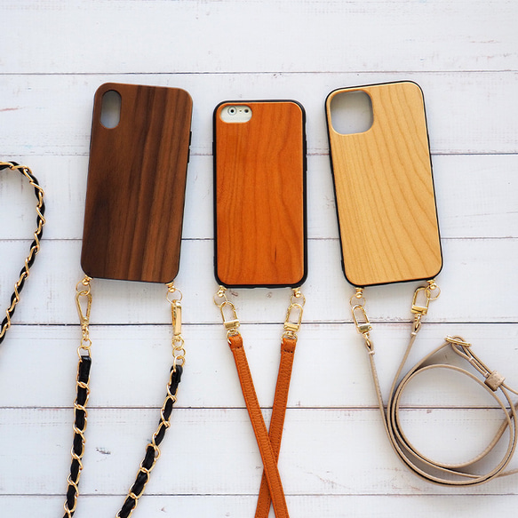 ハンドメイド iPhoneカバー×2 スマホケース スマホカバー iPhoneケース【天然木ケース×選べるロング