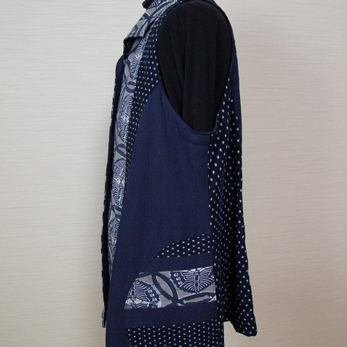 ♥♥着物リメイク◇チュニック◇型染め◇書生絣◇藍染木綿古布
