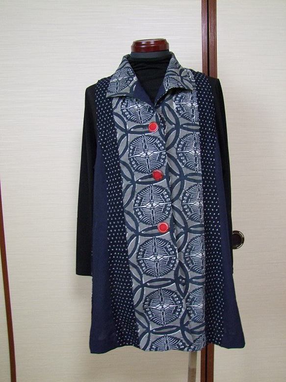 ♥♥着物リメイク◇チュニック◇型染め◇書生絣◇藍染木綿古布