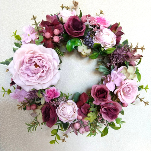 モーブピンクとワインレッドの薔薇リース☆秋リース☆フラワー