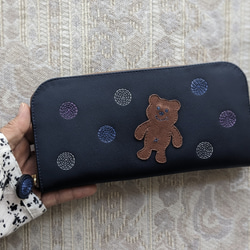 刺繍革財布『SHABON＆bear』NAVY（牛革）ラウンドファスナー☆「青」or「赤」☆ 5枚目の画像