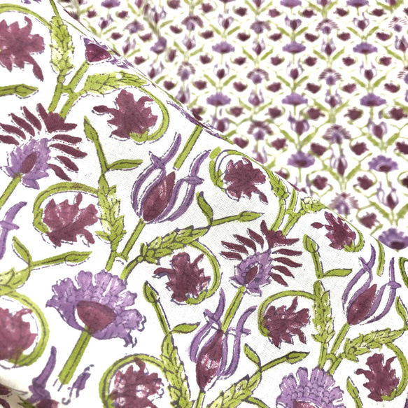 【50cm單位】白紫栗色花朵綠葉印度手工塊印花布料棉質 第5張的照片