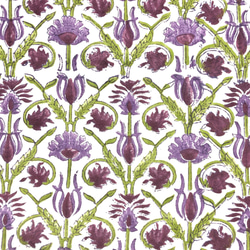 【50cm單位】白紫栗色花朵綠葉印度手工塊印花布料棉質 第2張的照片