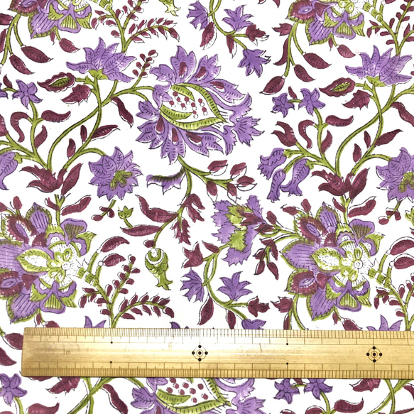 【50cm單位】白紫花栗色葉印度手工塊印花布料棉質 第6張的照片