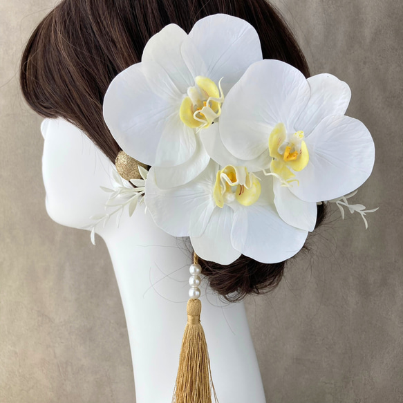 髪飾り　胡蝶蘭　大きめ　ゴールド　成人式　結婚式　卒業式　水引　和玉　和装　袴　白無垢　KA-23034WGO 2枚目の画像