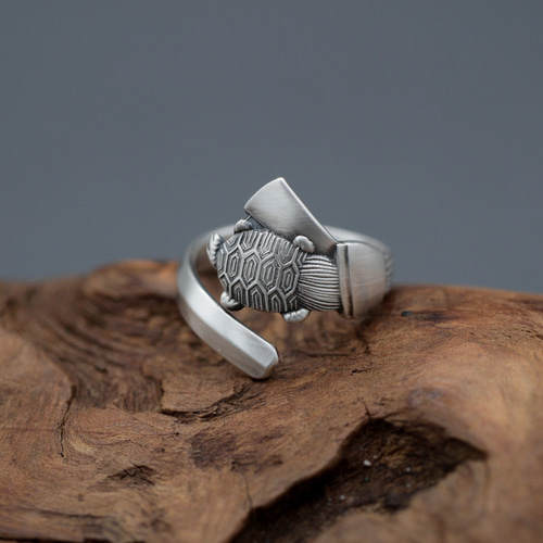 おみくじと亀の縁起の良い銀製のスプーンリング｜ヴィンテージ