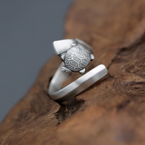 おみくじと亀の縁起の良い銀製のスプーンリング｜ヴィンテージ