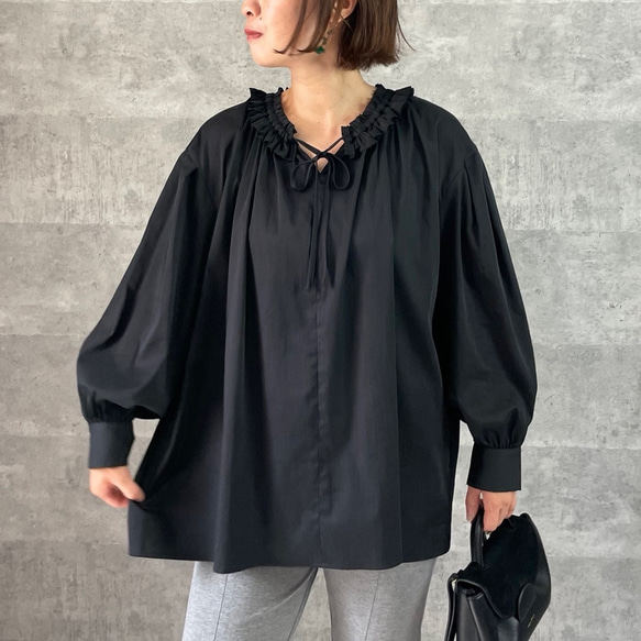 AT1592【美品】ギャルリーヴィー コットン フリルブラウス F 黒 綿100% コットンボイル フリルギャザーブラウス