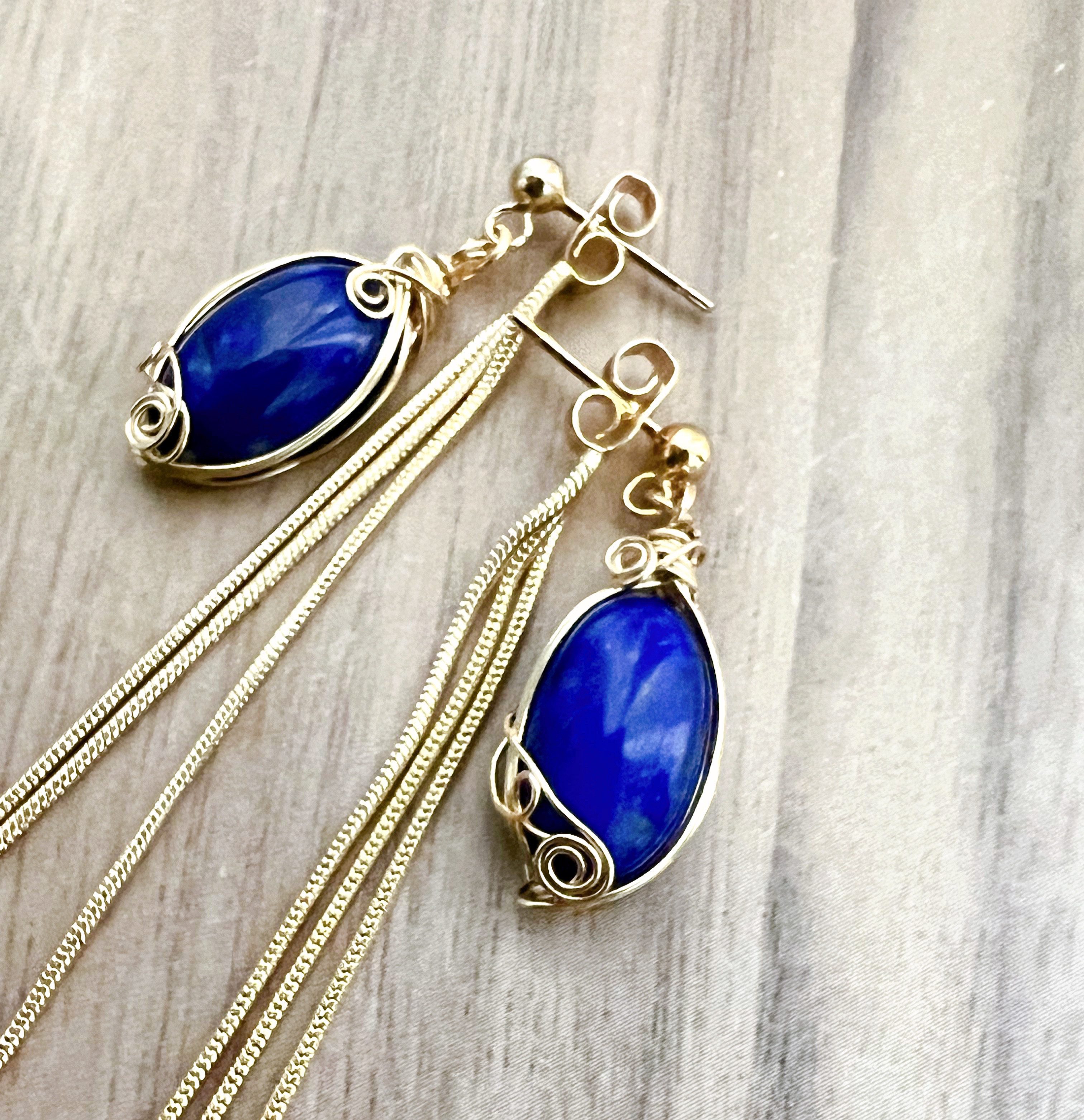 ラピスラズリ　14kgfワイヤーラップピアス