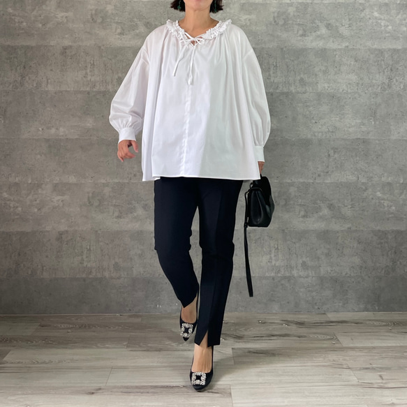 M~XXL着用OK♡超ゆったり大人可愛い♡着回し優秀フリルブラウス 白【フリー】フォーマル KMC-714 759359 11枚目の画像