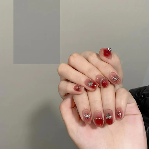 【2023.9新作】　韓国ファッション　血色感秋色星モチーフ　ネイルチップ　つけ爪　-3165 1枚目の画像