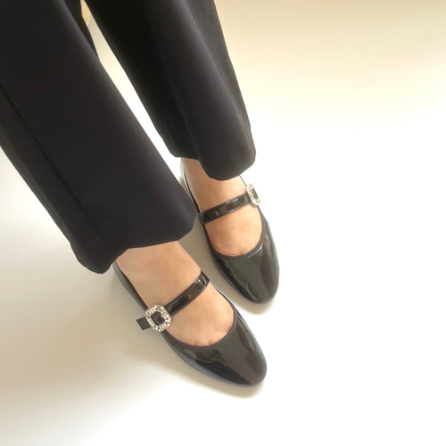 ビジューストラップバレエシューズ(223)｜ブラックエナメル パンプス