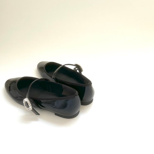 ビジューストラップバレエシューズ(223)｜ブラックエナメル パンプス