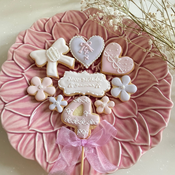 リボンとハートのパステルピンクのアイシングクッキーセット9点