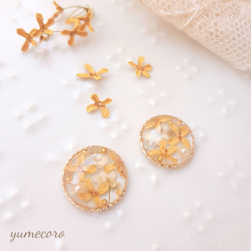 new❁ 金木犀とパールのピアス/イヤリング ❁ 金属アレルギー対応 冬 