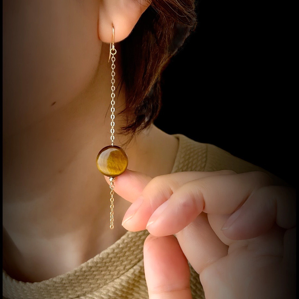 こっくり秋色 ✧ タイガーアイの振り子ピアス 14kgf ロングピアス（イヤリング）