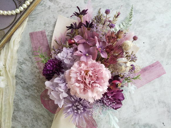 Swag bouquet  ＜amethyst＞＊スワッグ＊秋＊ブーケ＊壁掛け＊プリザーブドフラワー＊お花＊ギフト＊記念 2枚目の画像