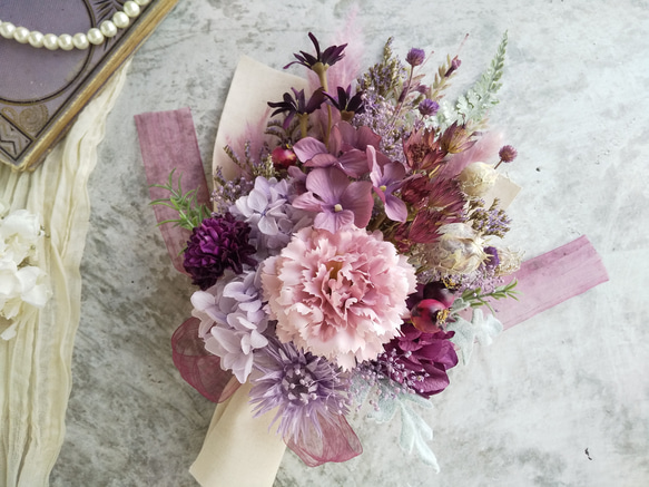 Swag bouquet  ＜amethyst＞＊スワッグ＊秋＊ブーケ＊壁掛け＊プリザーブドフラワー＊お花＊ギフト＊記念 6枚目の画像