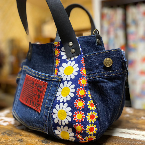 まんまるトートバッグ小サイズ デニムリメイク×デイジー花柄