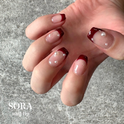 SORA/フレンチネイル/パールネイル/ボルドーネイル/ワインレッド/秋  