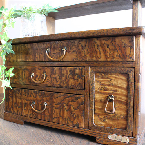 小引き出し 木製 卓上 3段 ケヤキ製 おしゃれ 高級 アンティーク 小物