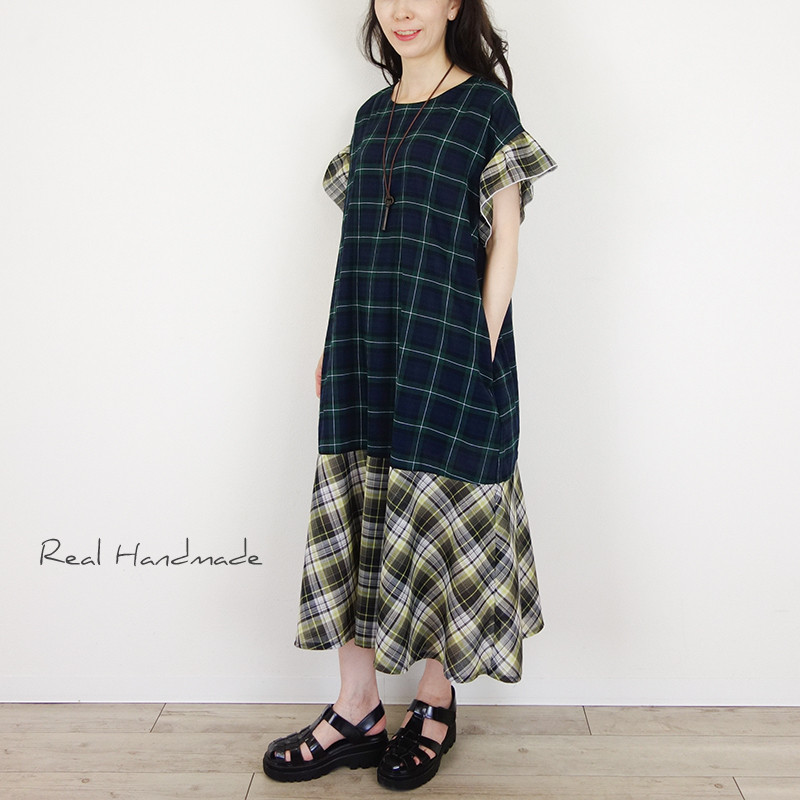 [予約販売] ワッシャーブラックウォッチフリルワンピース
