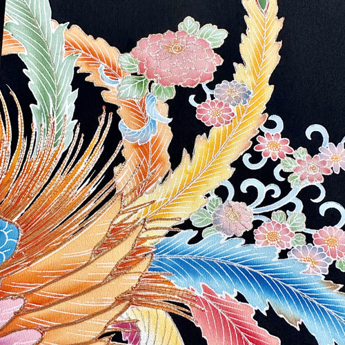 90×27センチ 大きな着物のファブリックパネル 漆黒に鮮やかな鳳凰（2枚