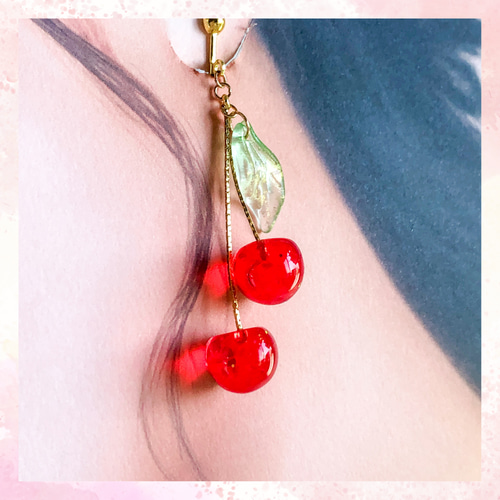 揺れる さくらんぼ イヤリング・ノンホール ピアス/レッド/大人