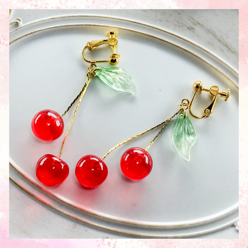 揺れる さくらんぼ イヤリング・ノンホール ピアス/レッド/大人