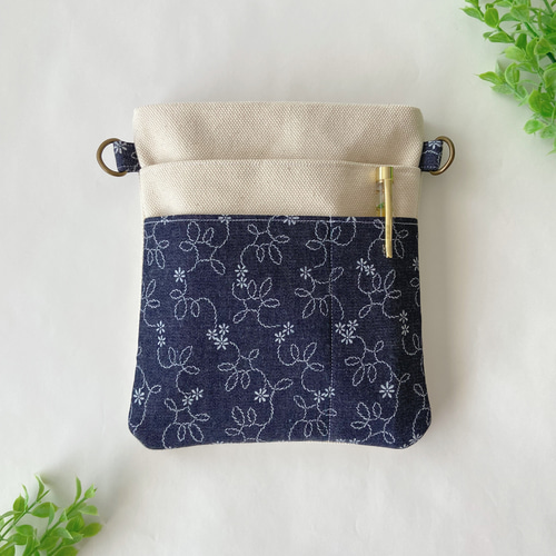小花のプリント刺繍風ウエストポーチ M／デニム／2wayポーチ（ウエスト